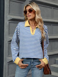 MQTIME  -  Striped Johnny Collar Long Sleeve Sweatshirt