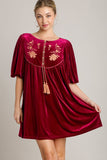 MQTIME  -  Umgee Embroidered Half Sleeve Velvet Mini Dress with Tassel