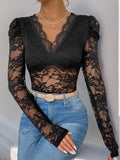 MQTIME  -  Perfee Lace V-Neck Long Sleeve Bodysuit