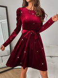 MQTIME  -  Glitter Round Neck Puff Sleeve Dress