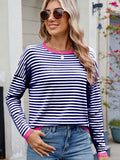 MQTIME  -  Striped Contrast Round Neck Long Sleeve Sweater