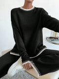 MQTIME  -  Side Slit Contrast Trim Round Neck Top and Pants Sweater Set