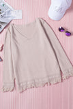 MQTIME  -  Exposed Seam Fringe Hem V-Neck Long Sleeve Sweater