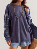 MQTIME  -  Embroidered Round Neck Long Sleeve Sweatshirt