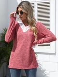 MQTIME  -  Lace Detail V-Neck Long Sleeve T-Shirt