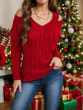 MQTIME  -   Cable-Knit V-Neck Cold Shoulder Sweater