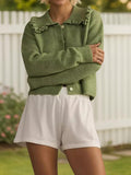 MQTIME  -  Frill Button Up Collared Neck Long Sleeve Cardigan