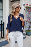 MQTIME  -  Ruffled V-Neck Three-Quarter Sleeve Blouse