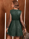 MQTIME  -  Glitter Surplice Long Sleeve Mini Dress