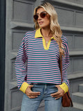 MQTIME  -  Striped Johnny Collar Long Sleeve Sweatshirt