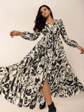 MQTIME  -  Tied Printed V-Neck Long Sleeve Midi Dress