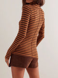 MQTIME  -  Exposed Seam Striped Turtleneck Long Sleeve T-Shirt
