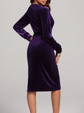 MQTIME  -  Round Neck Tie Waist Long Sleeve Velvet Dress
