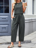 MQTIME  -  Lovelet Plaid Round Neck Sleeveless Top and Pants Set