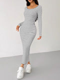 MQTIME  -  Striped Scoop Neck Long Sleeve Midi Tee Dress