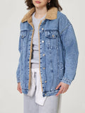 MQTIME  -  Button Up Collared Neck Plush Denim Jacket