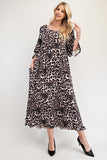 MQTIME  -  Celeste Full Size Leopard Round Neck Flounce Sleeve Dress