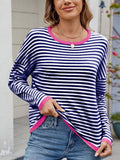 MQTIME  -  Striped Contrast Round Neck Long Sleeve Sweater