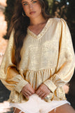 MQTIME  -  Frill Peplum V-Neck Long Sleeve Blouse