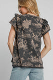 MQTIME  -  Ruffled Landscape Print Short Sleeve French Terry Top