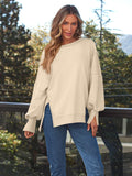 MQTIME  -  Slit Round Neck Long Sleeve Sweatshirt