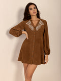 MQTIME  -  Notched Button Down Long Sleeve Mini Dress