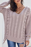 MQTIME  -  Cable Knit Lace Up V-Neck Sweater