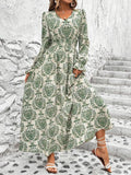 MQTIME  -  Smocked Printed V-Neck Flounce Sleeve Dress