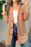 MQTIME  -  Drawstring Button Up Hooded Ribbed Shacket with Flap Pockets