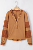 MQTIME  -  Contrast Patched Exposed Seam Waffle Knit Henley Top