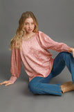 MQTIME  -  Umgee Wrinkled Round Neck Lantern Sleeve Blouse