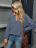 MQTIME  -  Striped Johnny Collar Long Sleeve Sweatshirt