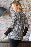 MQTIME  -  Full Size Snakeskin Print Round Neck Lace Contrast Top