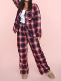 MQTIME  -  Plaid Collared Neck Button Up Top and Pants Lounge Set