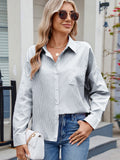 MQTIME  -  Striped Collared Neck Button Down Long Sleeve Shirt