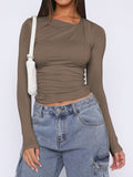 MQTIME  -  Ruched Asymmetrical Neck Long Sleeve T-Shirt