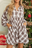 MQTIME  -  Full Size Plaid Collared Neck Balloon Sleeve Mini Shirt Dress