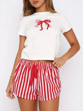 MQTIME  -  Printed Round Neck Short Sleeve Top and Drawstring Shorts Set