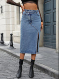 MQTIME  -  Slit Asymmetrical Waistband Midi Denim Skirt