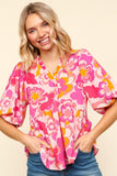 MQTIME  -  Haptics Full Size Frill Floral Puff Sleeve Blouse