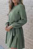 MQTIME  -  Round Neck Long Sleeve Tie Waist Dress