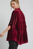 MQTIME  -  Umgee Pearl Detail Collared Neck Velvet Babydoll Blouse