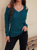 MQTIME  -   Cable-Knit V-Neck Cold Shoulder Sweater