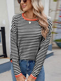 MQTIME  -  Striped Contrast Round Neck Long Sleeve Sweater