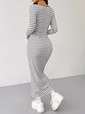 MQTIME  -  Striped Scoop Neck Long Sleeve Midi Tee Dress