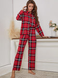 MQTIME  -  Plaid Collared Neck Long Sleeve Top and Pants Lounge Set