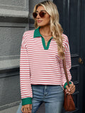 MQTIME  -  Striped Johnny Collar Long Sleeve Sweatshirt