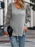 MQTIME  -  Side Slit V-Neck Lace Long Sleeve T-Shirt