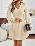 MQTIME  -  Lace Detail V-Neck Long Sleeve Dress