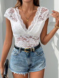 MQTIME  -  Perfee Lace Backless V-Neck Cap Sleeve Bodysuit